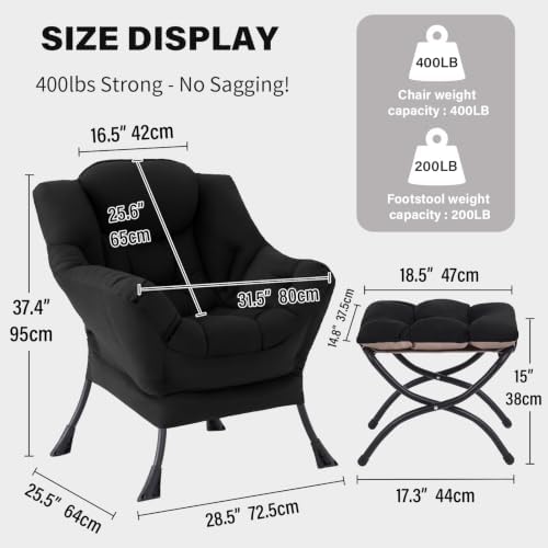 Tiita Lazy Chair with Ottoman, Comfy Reading Accent Chair, Black - Image 2