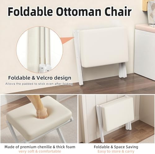 BAMBOOHOMIE Foldable Foot Stool Ottoman, Modern Foot Rest with Bamboo X Legs & Thick Foam Cushion, Folding Foot Stools Small Padded for Bedroom Living Room, Footstool for Chair Couch (White - White) - Image 4