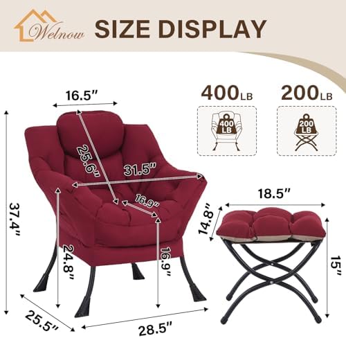 Welnow Lazy Chair with Ottoman, Reading Chair with Footrest,Burgundy - Image 3