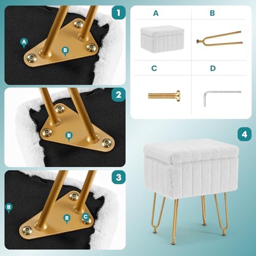 OLIXIS Vanity Stool Chair Faux Fur with Storage, Soft Ottoman 4 Metal Legs with Anti-Slip Feet, Makeup Cute Soft Small Footstool for Makeup, Cute Small Footrest for Dressing Table - Image 4
