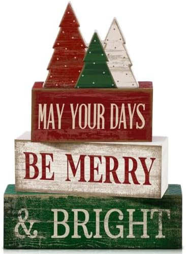Lineshading 4 Pcs Christmas Table Decor, Wooden Tree Block Signs Home by Lineshading