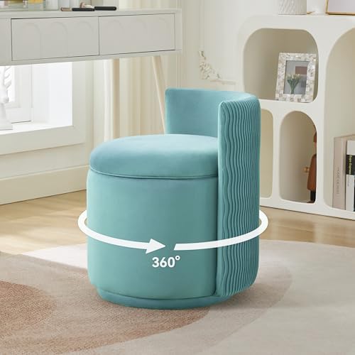 WUTUTUEE Velvet Vanity Chair with Storage, 360° Swivel Makeup Chair with Wave Back, No Assembly Small Accent Stool for Bedroom, Dressing, Living Room, Teal by WUTUTUEE