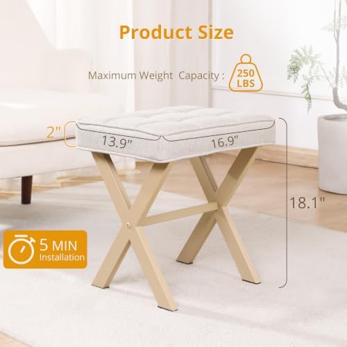 LUE BONA Square Linen Makeup Stool, Metal X Legs, Small Ottoman Stool Chair for Vanity, Modern Padded Seat Foot Rest for Makeup Room, Bathroom - Image 2