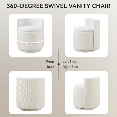 WUTUTUEE Velvet Vanity Chair with Storage, 360° Swivel Makeup Chair with Wave Back, No Assembly Small Accent Stool for Bedroom, Dressing, Living Room, White - Image 6