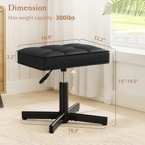 LUE BONA Adjustable Vanity Stool, Foot Rest Under Desk, 360° Swivel Vanity Chair for Makeup Room, Black Upholstered Faux Leather Ottoman for Bathroom & Living Room, 300lbs - Image 2
