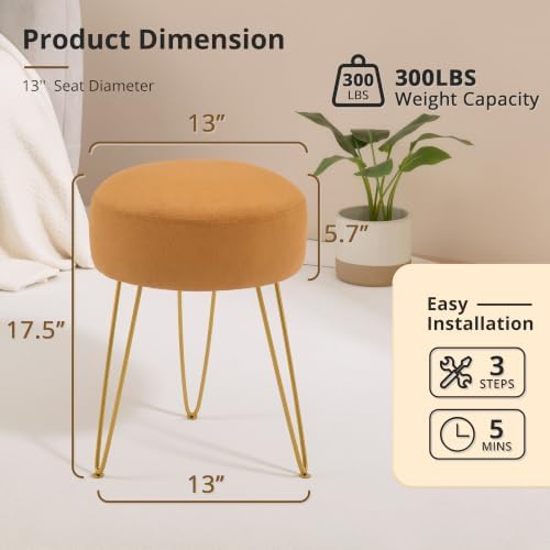 LUE BONA Vanity Stool, Mustard Yellow Vanity Stools for Makeup Room, Round Ottoman Foot Stool, Suede Footrest Vanity Chair for Bathroom Vanity, Bedroom, Living Room, Entryway, Offices - Image 3
