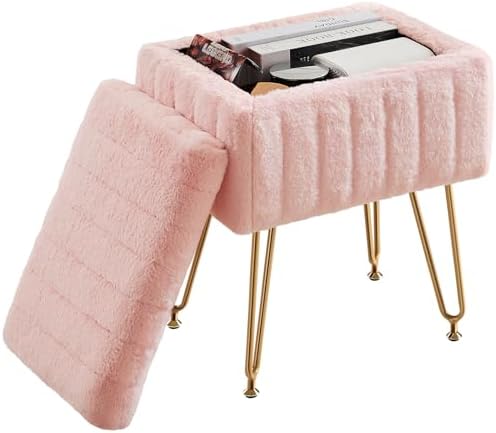 Sweetcrispy Vanity Stool Chair with Storage, 18.9”H x 16”L x 12.2”W Ottoman Chair Faux Fur Soft Padded Makeup Footstools Seat with 4 Metal Legs Anti-Slip Adjustable Feet for Make Up, Pink - Image 4
