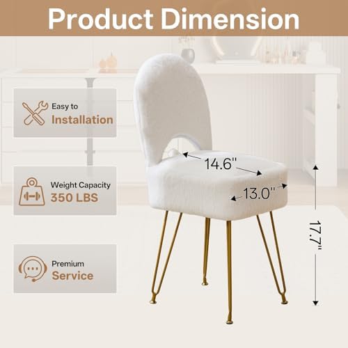 Gitrah White Vanity Chair with Storage, Folding Back Faux Fur Vanity Stool, Makeup Ottoman with Gold Legs for Bedroom/Bathroom - Image 2