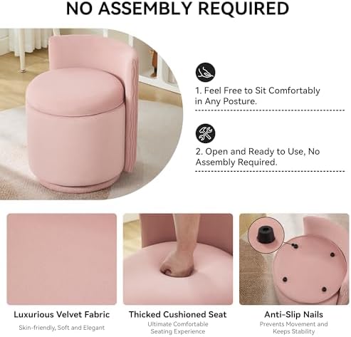 WUTUTUEE Velvet Vanity Chair with Storage, 360° Swivel Makeup Chair with Wave Back, No Assembly Small Accent Stool for Bedroom, Dressing, Living Room, Pink - Image 4