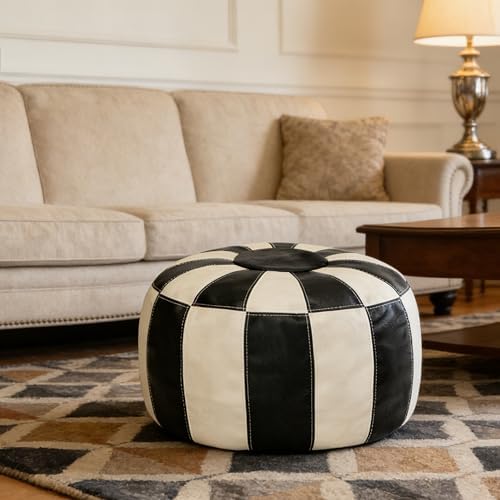 Thgonwid Unstuffed Moroccan Ottoman Pouf Cover, Ottoman Footstool Storage Solution, Bean Bag Chair, Foot Rest, Multi-Black&White - Image 2