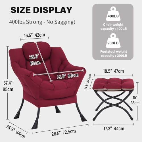 Tiita Lazy Chair with Ottoman, Comfy Reading Accent Chair, Burgundy - Image 2