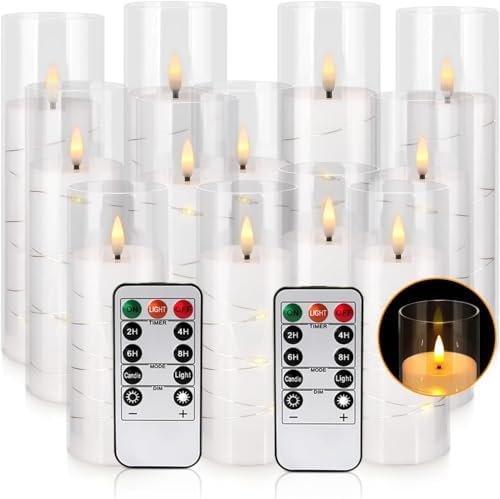 YOROXRG Flickering Flameless Candles Battery Operated with Remote,Led Pillar Candles with Realistic Moving Wick Candles for Halloween,Christmas,Home Decor Pack of 12 (D2.2 xH 5" 6" 7")(White) - Image 2