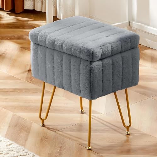 OLIXIS Vanity Stool Chair Faux Fur with Storage, Soft Ottoman 4 Metal Legs with Anti-Slip Feet, Makeup Cute Soft Small Footstool, Modern Style Faux Fur Seat for Makeup, Bedroom Dresser, Ash by OLIXIS