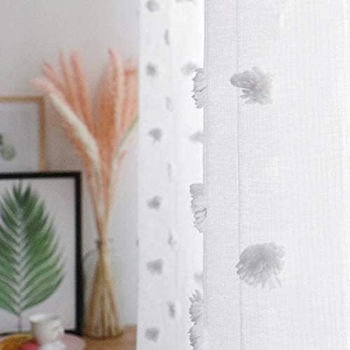 MYSKY HOME White Sheer Short Curtains with Pom Pom for Small Windows Bedroom Nursery Kids Girls Room Curtains Cafe Kitchen Light Filtering Boho Drapes, Rod Pocket,52 x 45 Inches, 2 Panels