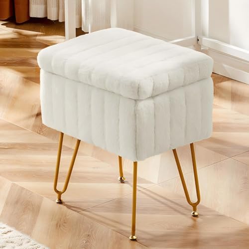 OLIXIS Vanity Stool Chair Faux Fur with Storage, Soft Ottoman 4 Metal Legs with Anti-Slip Feet, Makeup Cute Soft Small Footstool, Modern Style Faux Fur Seat for Makeup, Bedroom Dresser, Ivory by OLIXIS
