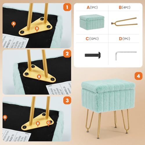DUMOS Vanity Stool Chair with Storage, Small Ottoman Faux Fur Soft Padded Footstools Seat with 4 Metal Legs Anti-Slip Adjustable Feet Modern Footrest for Home Entryway Bedroom Makeup - Image 6