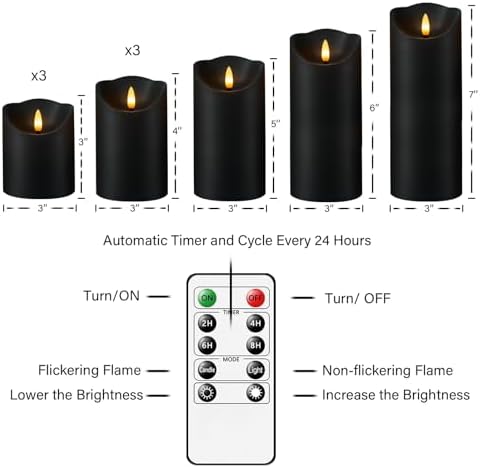 Nimiko Flameless Candles with Remote, Battery Operated Flickering Flameless Candles, LED Candles with Timer 2/4/6/8H, with Realistic LED Candles Set of 9 (D3 x H 3" 4" 5" 6" 7") (Black) - Image 5