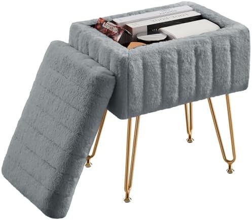OLIXIS Vanity Stool Chair Faux Fur with Storage, Soft Ottoman 4 Metal Legs with Anti-Slip Feet, Makeup Cute Soft Small Footstool, Modern Style Faux Fur Seat for Makeup, Bedroom Dresser, Ash - Image 3