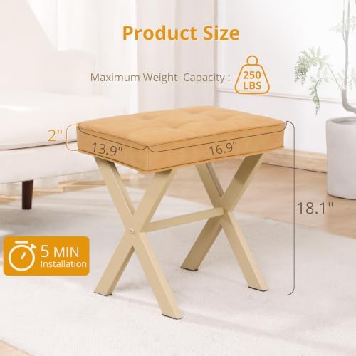LUE BONA Vanity Stool, Square Linen Makeup Stool with Metal X Legs, Small Ottoman Stool Chair for Vanity, Modern Padded Vanity Seat Foot Rest Stool for Makeup Room, Bathroom, Honey Brown Color - Image 2