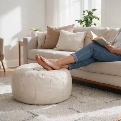 Thgonwid Unstuffed Moroccan Ottoman Pouf Cover, Ottoman Footstool Storage Solution, Bean Bag Chair, Foot Rest, Ivory White - Image 2