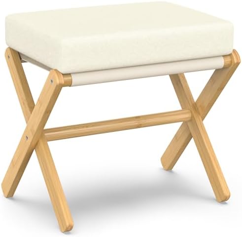 BAMBOOHOMIE Foldable Foot Stool Ottoman, Modern Foot Rest with Bamboo X Legs & Thick Foam Cushion, Folding Foot Stools Small Padded for Bedroom Living Room, Footstool for Chair Couch (Natural - Beige) by BAMBOOHOMIE