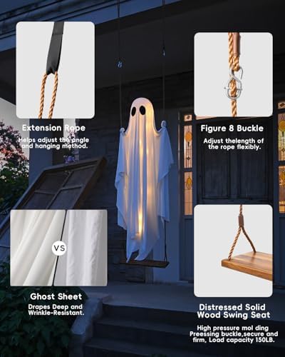 Halloween Decorations Outdoor - 5 FT Large Hanging Swing Ghost Halloween Decor with String Lights, Spooky Cute Ghosts Decorations for Front Porch Yard Tree - Image 6
