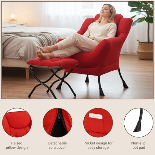Welnow Lazy Chair with Ottoman, Reading Chair with Footrest,Red - Image 4