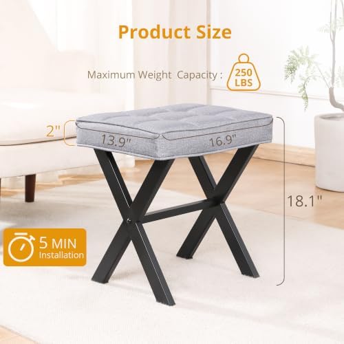 LUE BONA Vanity Stool - Square Linen Makeup Seat With Metal X Legs, Small Ottoman Chair for Makeup Room, Living Room, Bathroom - Modern Padded Foot Rest, Dark Gray - Image 2