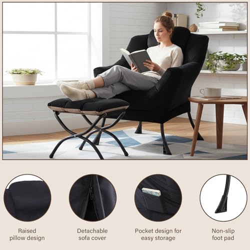 Welnow Lazy Chair with Ottoman, Reading Chair with Footrest, Black - Image 5