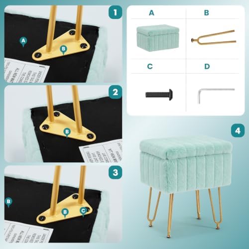 DUMOS Vanity Stool Chair, Ottoman with Storage, Makeup Cute Soft Small Footstool, Modern Style Faux Fur Seat with 4 Metal Legs & Adjustable Feet for Dressing, Living Room, Bedroom, Dorm, Sage - Image 5