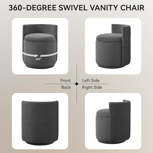 WUTUTUEE Velvet Vanity Chair with Storage, 360° Swivel Makeup Chair with Wave Back, No Assembly Small Accent Stool for Bedroom, Dressing, Living Room, Grey - Image 6