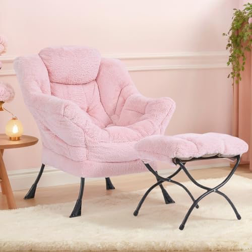 Tiita Lazy Chair with Ottoman, Comfy Reading Accent Chair, Plush Pink - Image 3