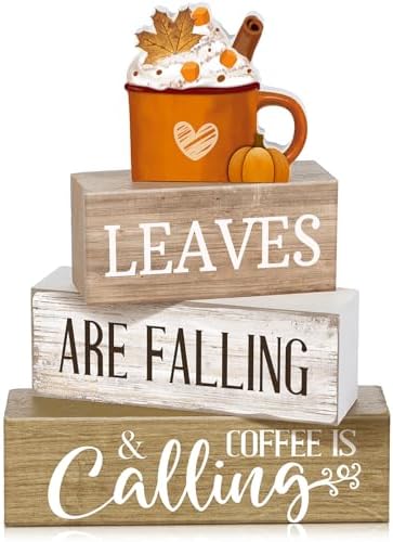Lineshading 4 Pcs Fall Coffee Table Decor Wooden Pumpkin Latte Block Signs by Lineshading