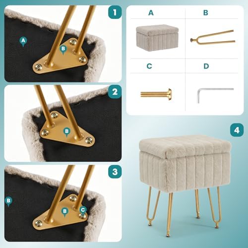OLIXIS Vanity Stool Chair Faux Fur with Storage, Soft Ottoman 4 Metal Legs - Image 4