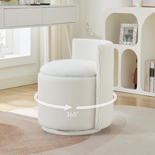 WUTUTUEE Velvet Vanity Chair with Storage, 360° Swivel Makeup Chair with Wave Back, No Assembly Small Accent Stool for Bedroom, Dressing, Living Room, White by WUTUTUEE