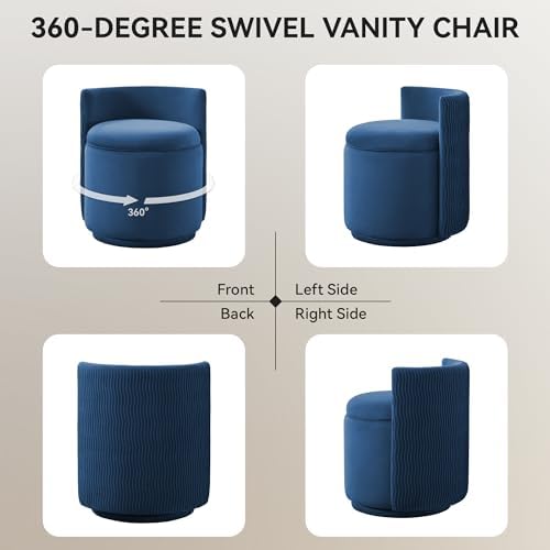 WUTUTUEE Velvet Vanity Chair with Storage, 360° Swivel Makeup Chair with Wave Back, No Assembly Small Accent Stool for Bedroom, Dressing, Living Room, Blue - Image 6