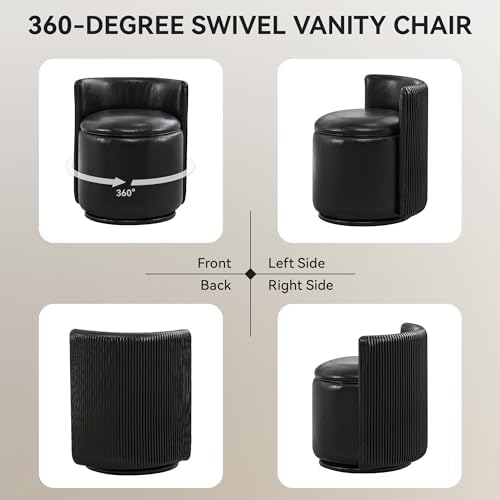 WUTUTUEE Faux Leather Vanity Chair with Storage, 360° Swivel Makeup Chair with Pleated Back, No Assembly Small PU Accent Stool for Bedroom, Dressing Room, Living Room, Black - Image 6