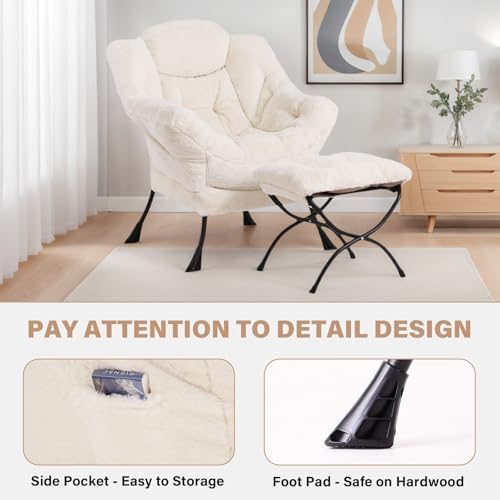 Tiita Lazy Chair with Ottoman, Comfy Reading Accent Chair, Plush Beige - Image 5