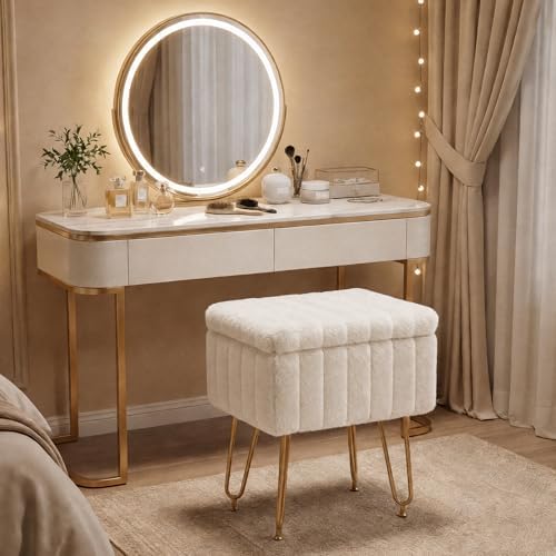 OLIXIS Vanity Stool Chair Faux Fur with Storage, Soft Ottoman 4 Metal Legs with Anti-Slip Feet, Makeup Cute Soft Small Footstool for Makeup, Cute Small Footrest for Dressing Table - Image 5