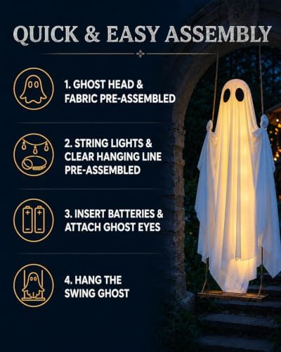Halloween Decorations Outdoor - 5 FT Large Hanging Swing Ghost Halloween Decor with String Lights, Spooky Cute Ghosts Decorations for Front Porch Yard Tree - Image 3