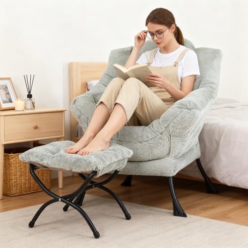 Welnow Lazy Chair with Ottoman, Reading Chair with Footrest, Light Green - Image 6