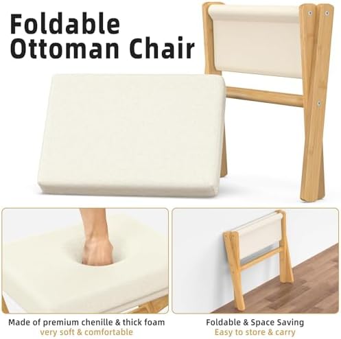 BAMBOOHOMIE Foldable Foot Stool Ottoman, Modern Foot Rest with Bamboo X Legs & Thick Foam Cushion, Folding Foot Stools Small Padded for Bedroom Living Room, Footstool for Chair Couch (Natural - Beige) - Image 5