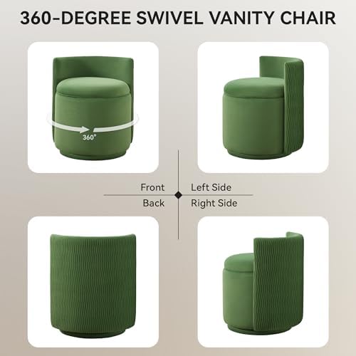 WUTUTUEE Velvet Vanity Chair with Storage, 360° Swivel Makeup Chair with Wave Back, No Assembly Small Accent Stool for Bedroom, Dressing, Living Room, Green - Image 6