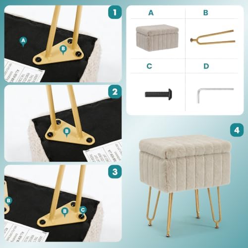 DUMOS Vanity Stool Chair, Ottoman with Storage, Makeup Cute Soft Small Footstool, Modern Style Faux Fur Seat with 4 Metal Legs & Adjustable Feet for Dressing, Living Room Bedroom Dorm, Taupe - Image 5