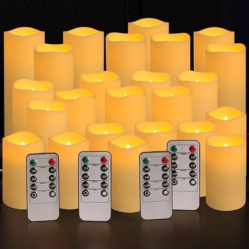 YOROXRG Set of 24 Waterproof Outdoor Flameless Candles, LED Candles with 4 Remote and Timer,(H 4" 5" 6" x D 2.2"),for Christmas,Halloween,Wedding,Festival by YOROXRG