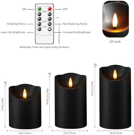 Nimiko Flameless Candles with Remote, Battery Operated Flickering Flameless Candles, LED Candles with Timer 2/4/6/8H, with Realistic LED Candles Set of 24 (D3 x H 3" 4" 5") (Black) - Image 5