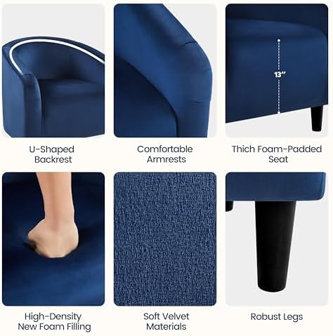 Yaheetech Small 25.5in Wide Velvet Barrel Accent Chair Bedroom, Navy Blue - Image 5