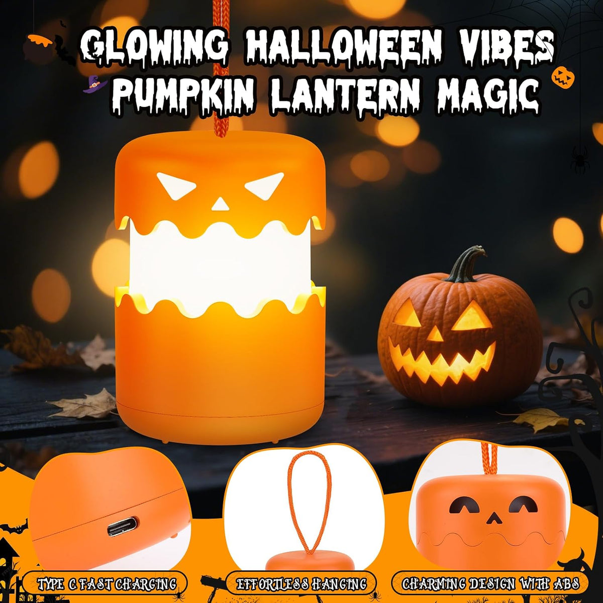 Rechargeable Halloween Pumpkin Lantern Light Collapsible Jack O Lantern 2 Pack  | Orange