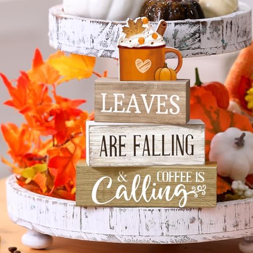 Lineshading 4 Pcs Fall Coffee Table Decor Wooden Pumpkin Latte Block Signs - Image 5