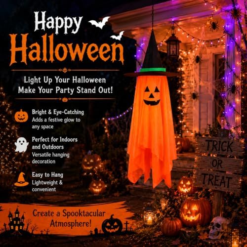 Halloween Decorations Ghost Hanging Ornaments: 39.4 Inch Foldable Cloth Witch Hat Ghost Decor With Lanyards - Reusable Hanging Halloween for Tree Porch Yard and Ceiling Wall Home - Image 3